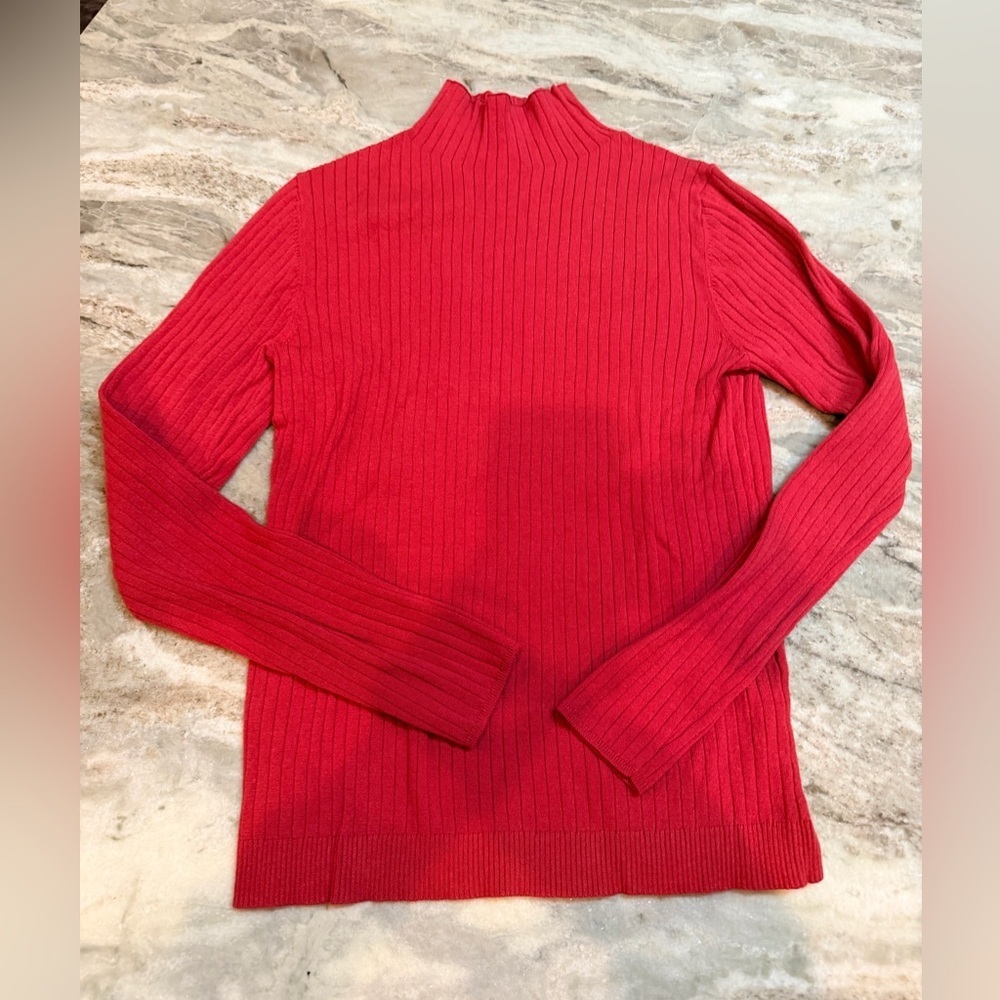 LOFT Red Ribbed Mock Neck Sweater | Long Sleeve Stretch Knit | Size L